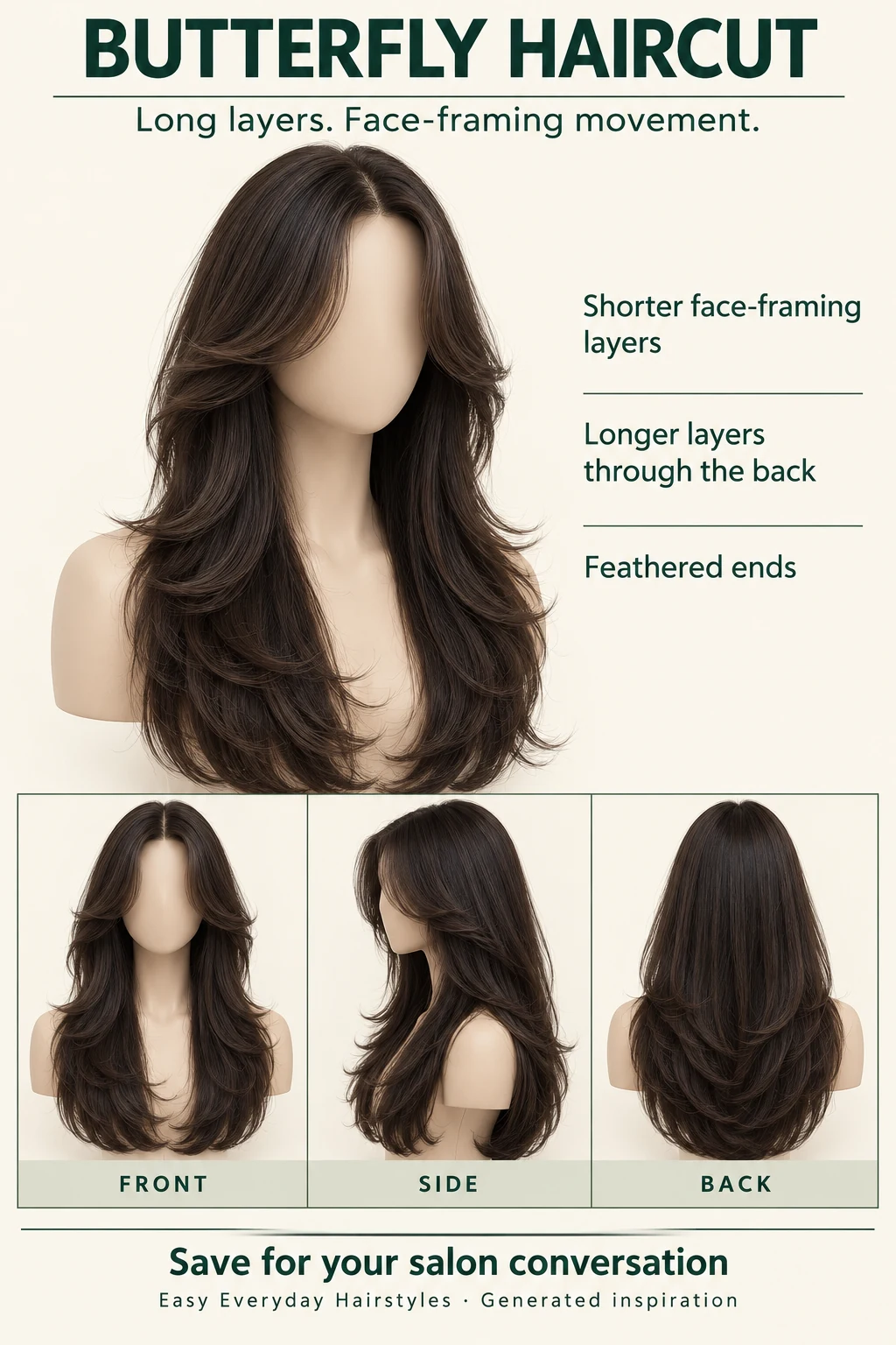 Labeled butterfly haircut reference on a mannequin, showing shorter face framing and front, side and back views.