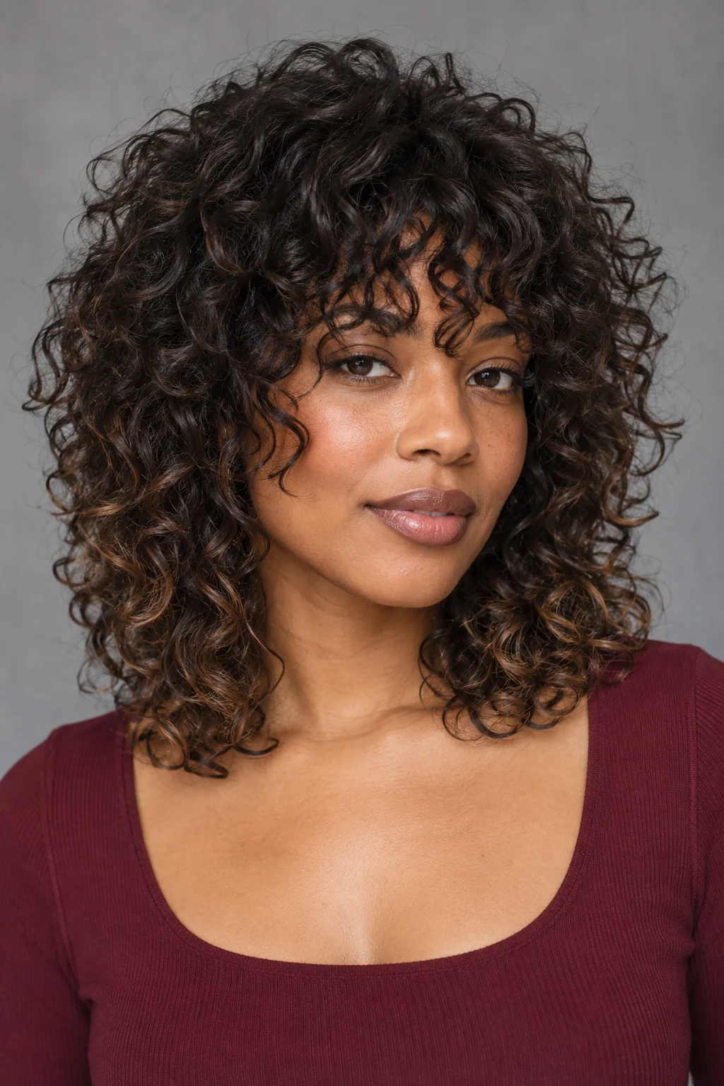 Shoulder-length curly shag with a full curly fringe, shorter rounded crown layers and lighter ends.