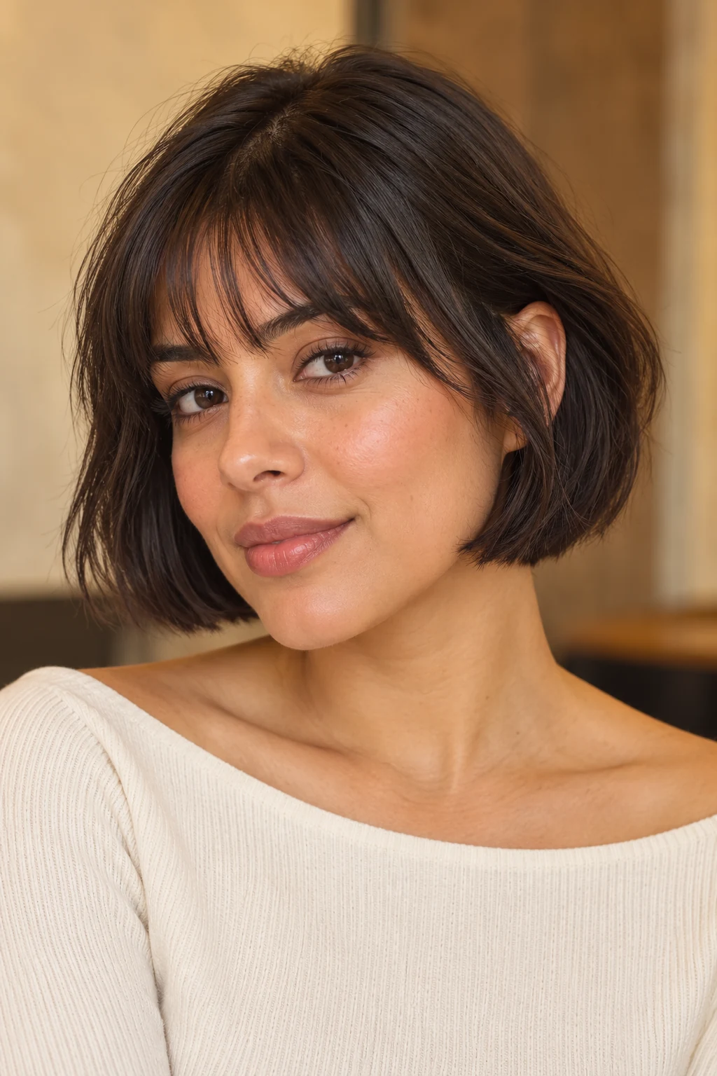 Jaw-length brunette French bob with a softly blunt edge and airy eyebrow-length bangs.