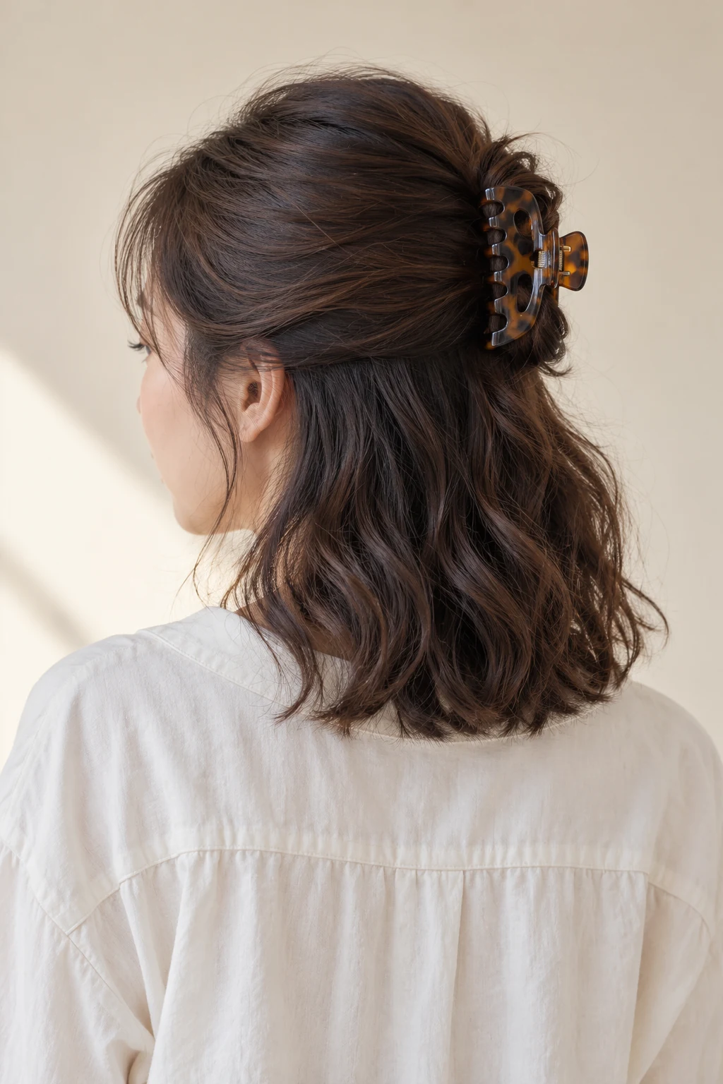 A wavy half-up hairstyle secured at the back with a tortoiseshell claw clip.