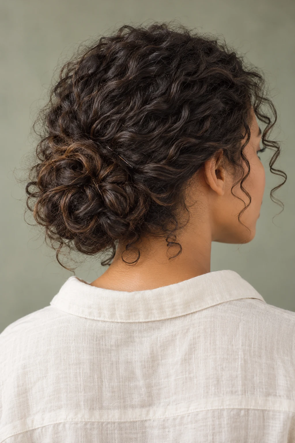 Naturally curly dark hair gathered into a loose low bun at the nape.