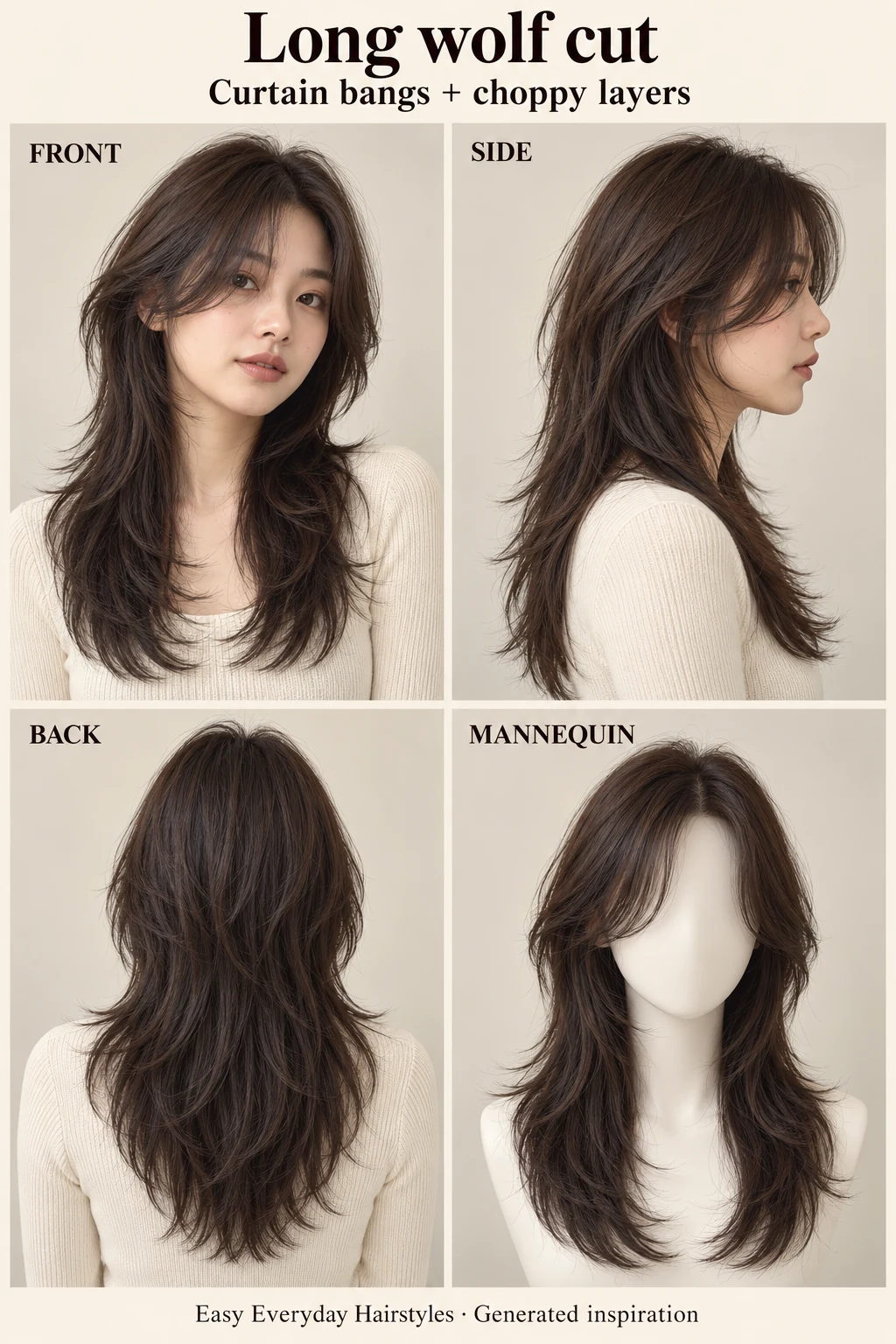 Long wolf cut reference with front, side, back and mannequin views.